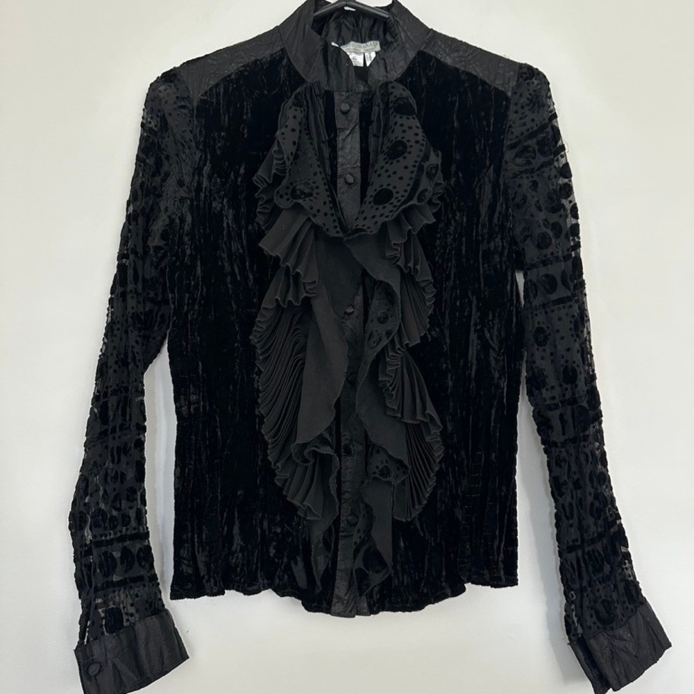 Alberto Makali Blouse S Black‎ Velvet Burnout Mesh Ruffle Sheer Victorian Edgy